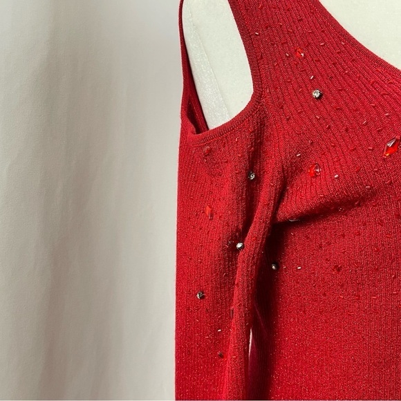 Belldini Large Y2K Cold Shoulder Beaded Rhinestone Ribbed Holiday Top Formal - Picture 5 of 11